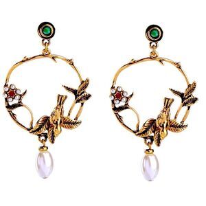 Vintage Inspired Bird Flowers Leaves Faux Pearl Hoop Earrings NWT